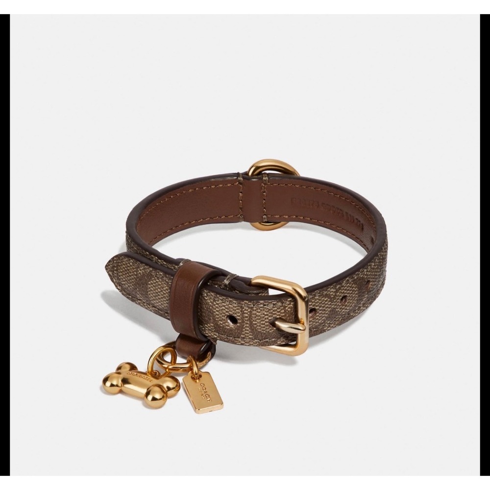 Coach Signature Canvas Small Dog Collar Khaki Saddle Brown Gold Bone Charm